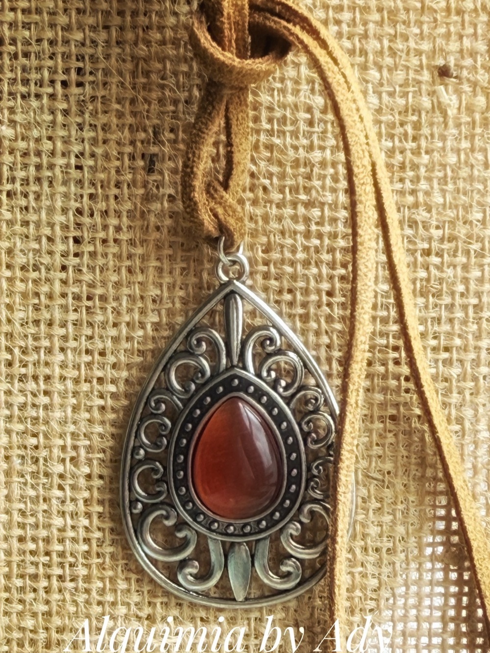 Alquimia Silver Filigree Pendant with Deep Amber Teardrop